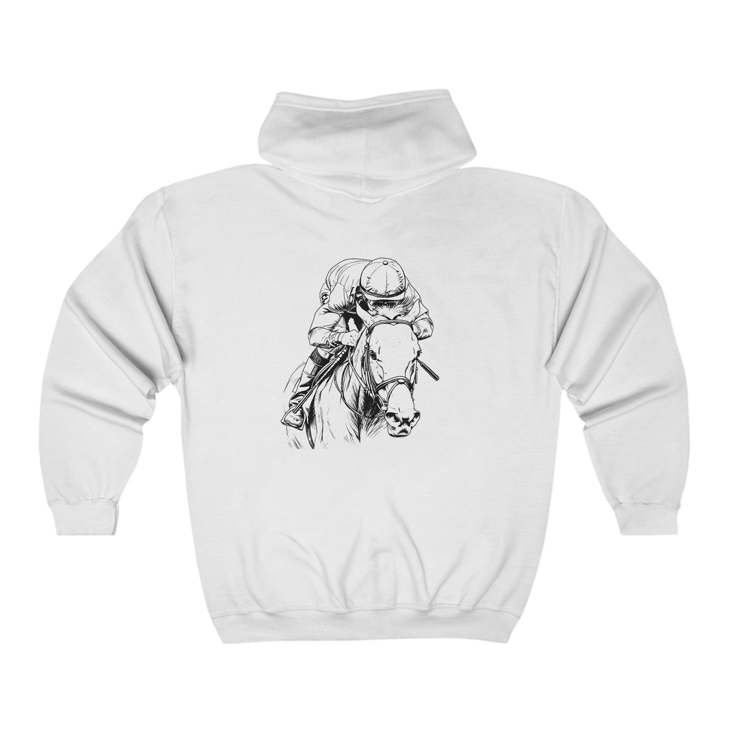 Original Horseracing Full Zip Jacket, Black Marker Drawing, Jockey on Horse, "Home Stretch" - FlooredByArt