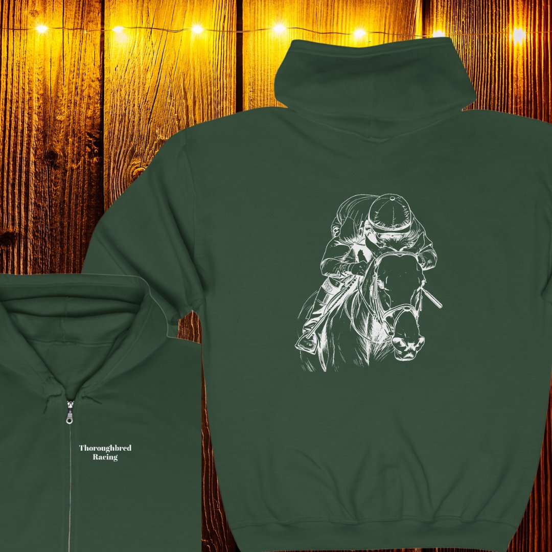 Original Horseracing Full Zip Jacket, Black Marker Drawing, Jockey on Horse, "Home Stretch" - FlooredByArt