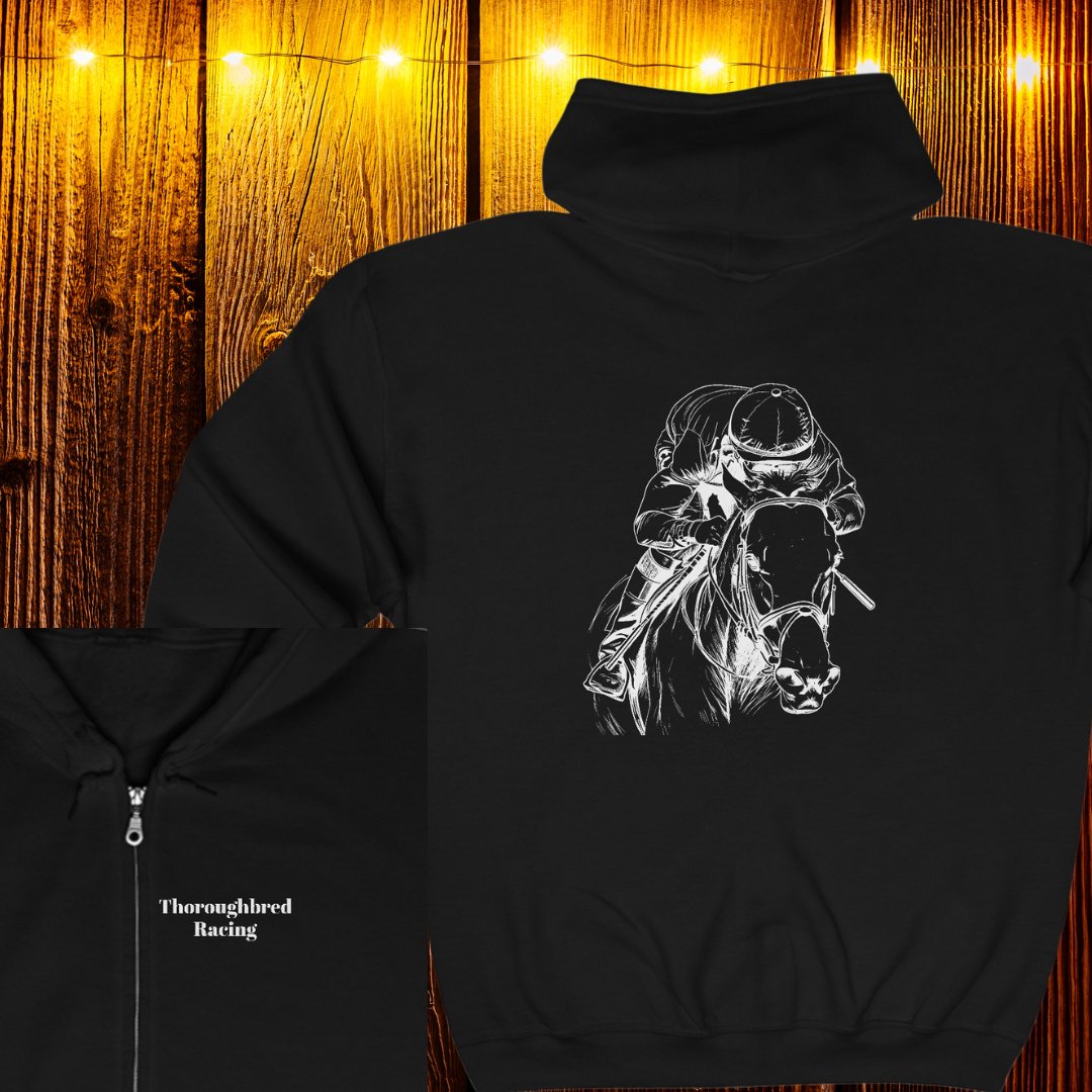 Original Horseracing Full Zip Jacket, Black Marker Drawing, Jockey on Horse, "Home Stretch" - FlooredByArt