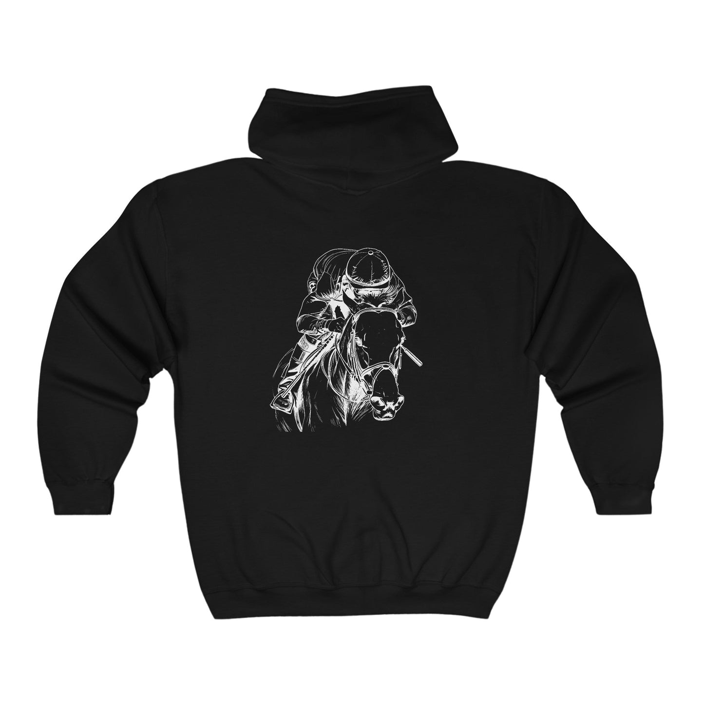 Original Horseracing Full Zip Jacket, Black Marker Drawing, Jockey on Horse, "Home Stretch" - FlooredByArt
