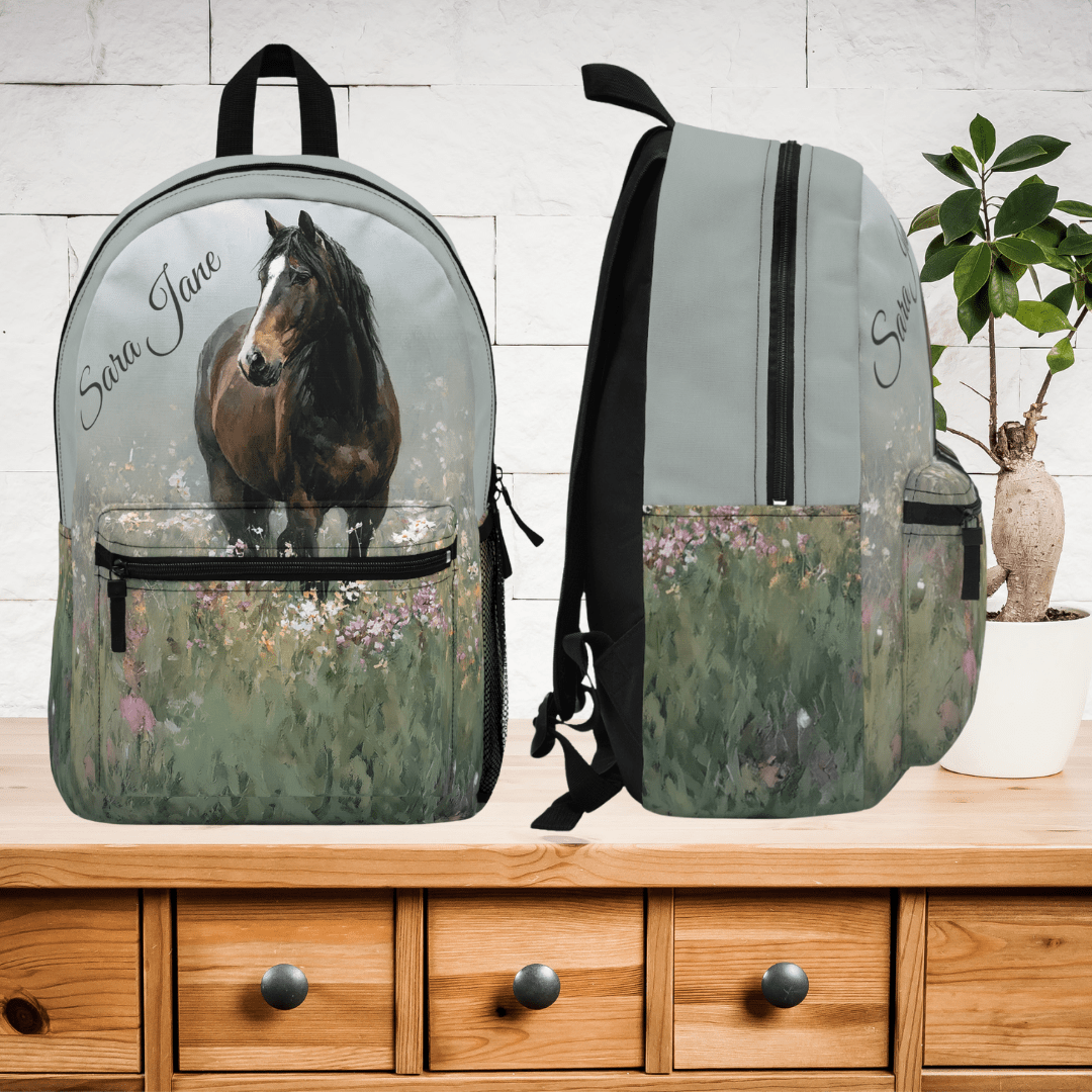 Personalized Bay Horse Backpack - Watercolor Horse with Blaze in Wildflowers, Equestrian School Bag - FlooredByArt