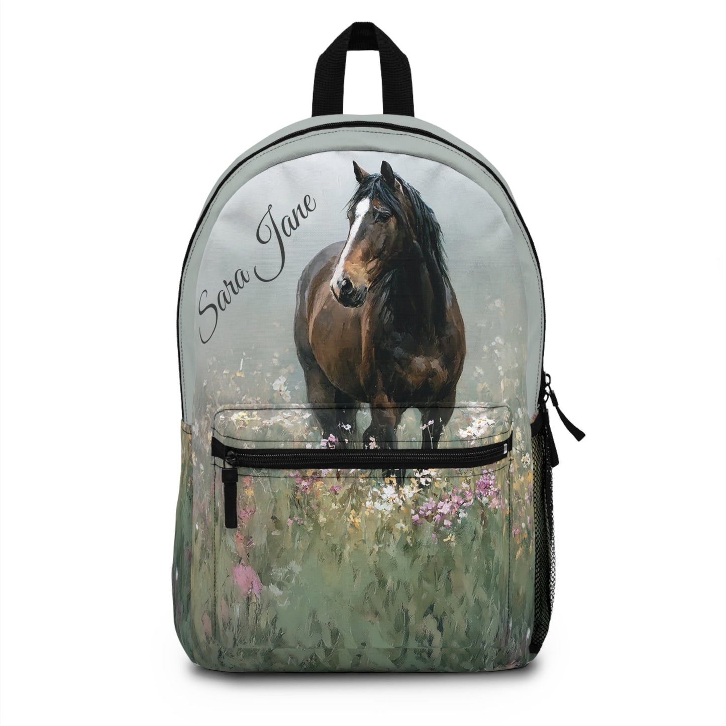 Personalized Bay Horse Backpack - Watercolor Horse with Blaze in Wildflowers, Equestrian School Bag - FlooredByArt