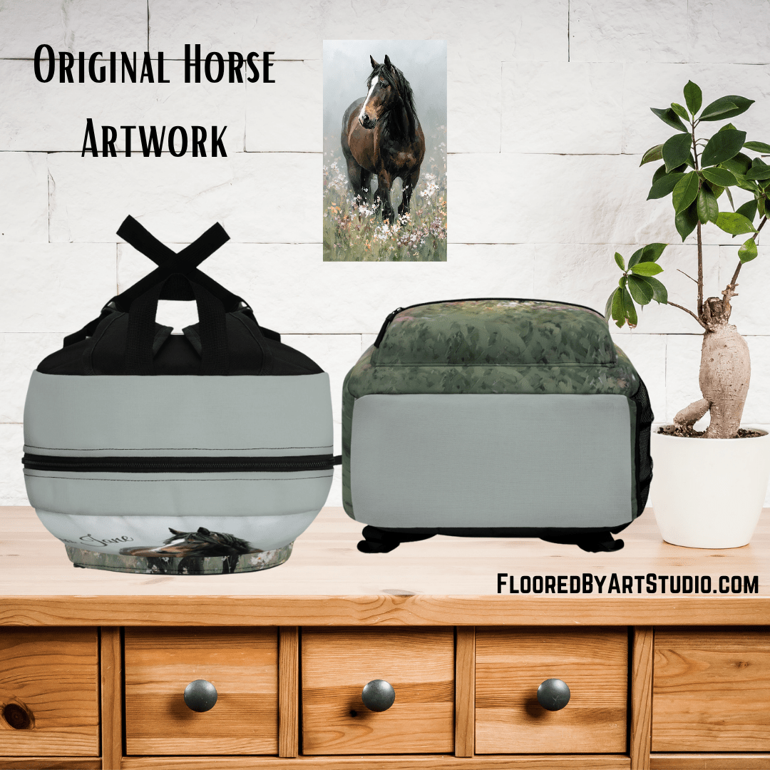 Personalized Bay Horse Backpack - Watercolor Horse with Blaze in Wildflowers, Equestrian School Bag - FlooredByArt