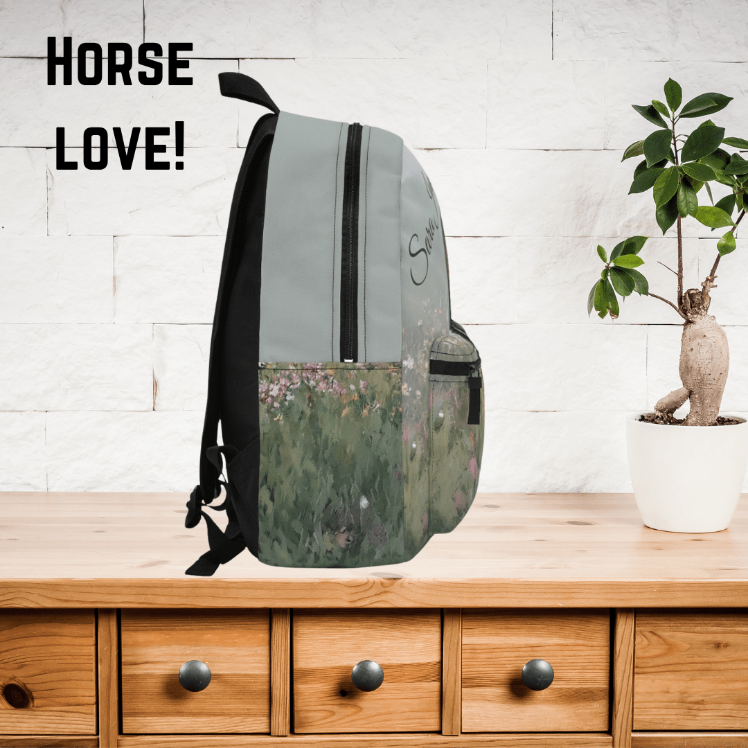 Personalized Bay Horse Backpack - Watercolor Horse with Blaze in Wildflowers, Equestrian School Bag - FlooredByArt
