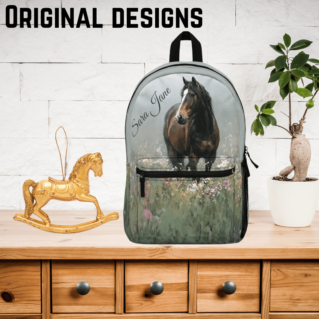 Personalized Bay Horse Backpack - Watercolor Horse with Blaze in Wildflowers, Equestrian School Bag - FlooredByArt