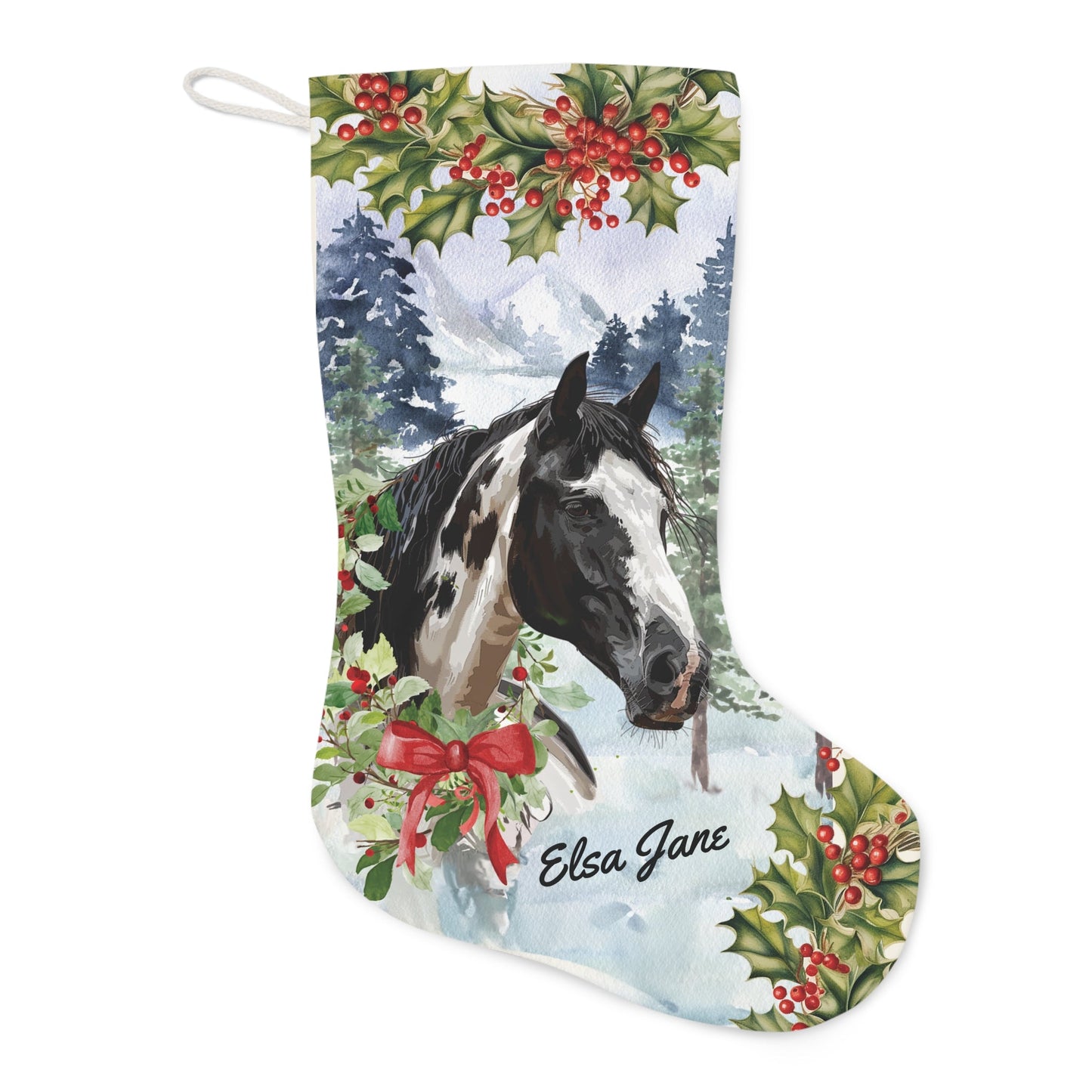 Personalized Christmas Horse EX-Large Stocking, Black & White Paint Horse Stocking - FlooredByArt