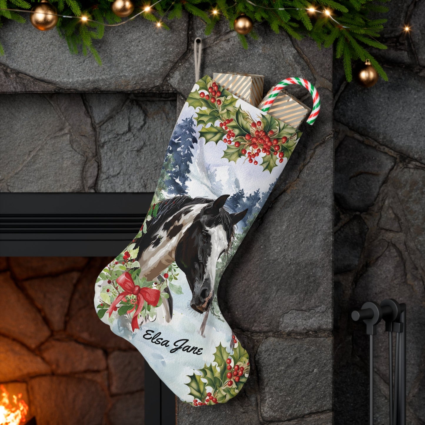Personalized Christmas Horse EX-Large Stocking, Black & White Paint Horse Stocking - FlooredByArt