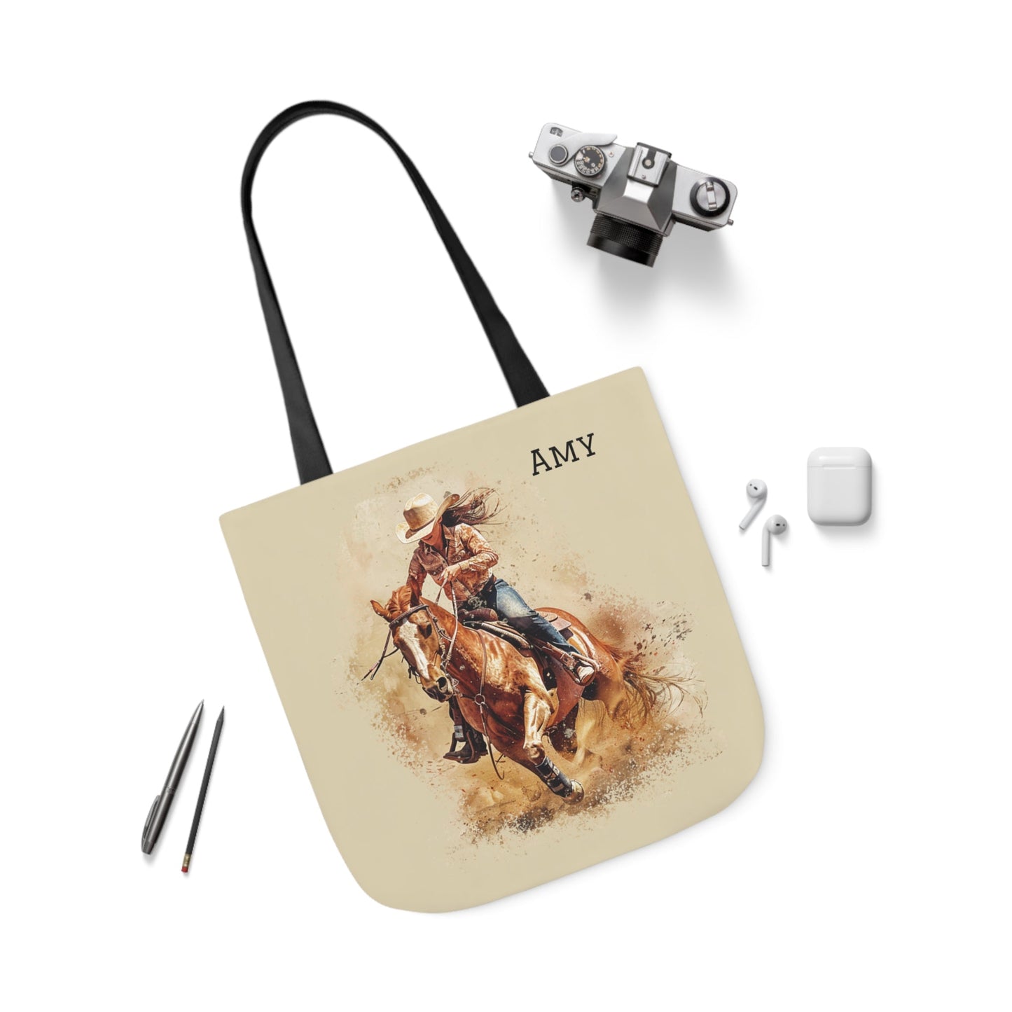 Personalized Cowgirl and Horse Tote Bag, Watercolor Painting of Barrel Racer on Carry All - FlooredByArt