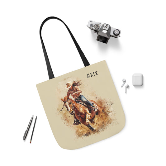 Personalized Cowgirl and Horse Tote Bag, Watercolor Painting of Barrel Racer on Carry All - FlooredByArt