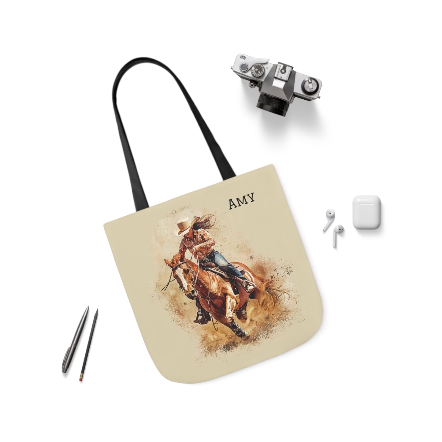 Personalized Cowgirl and Horse Tote Bag, Watercolor Painting of Barrel Racer on Carry All - FlooredByArt