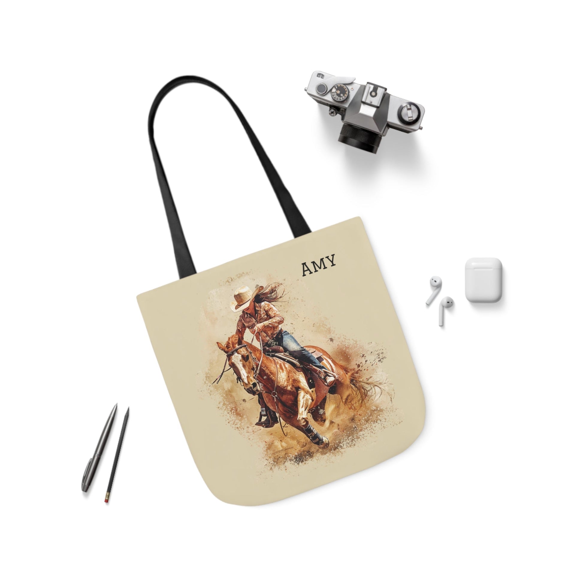 Personalized Cowgirl and Horse Tote Bag, Watercolor Painting of Barrel Racer on Carry All - FlooredByArt