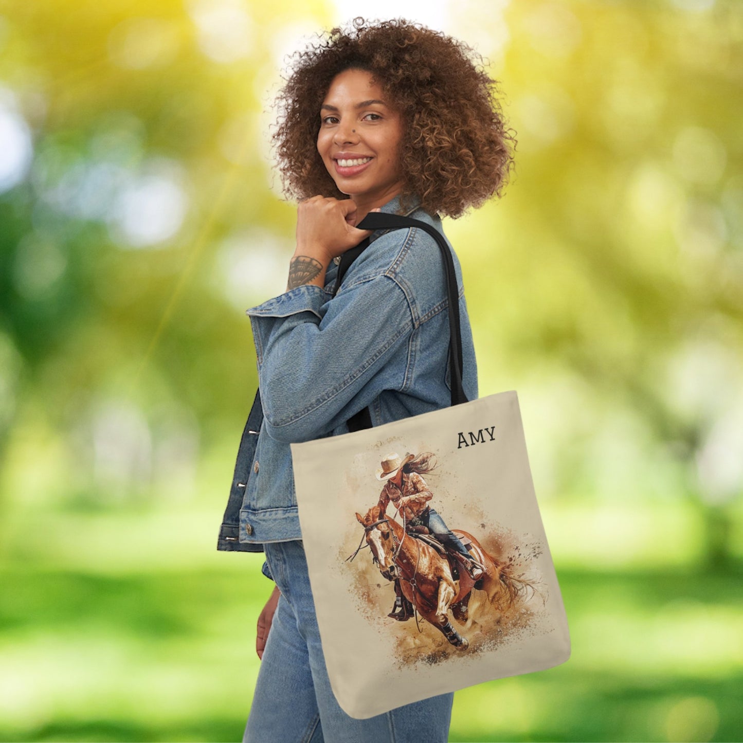 Personalized Cowgirl and Horse Tote Bag, Watercolor Painting of Barrel Racer on Carry All - FlooredByArt