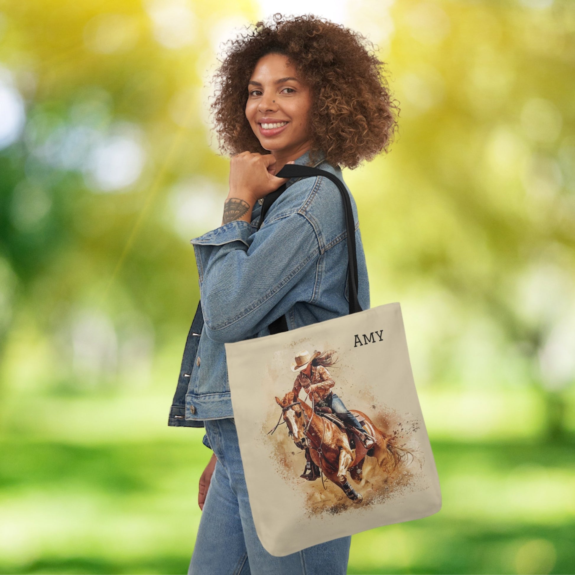 Personalized Cowgirl and Horse Tote Bag, Watercolor Painting of Barrel Racer on Carry All - FlooredByArt
