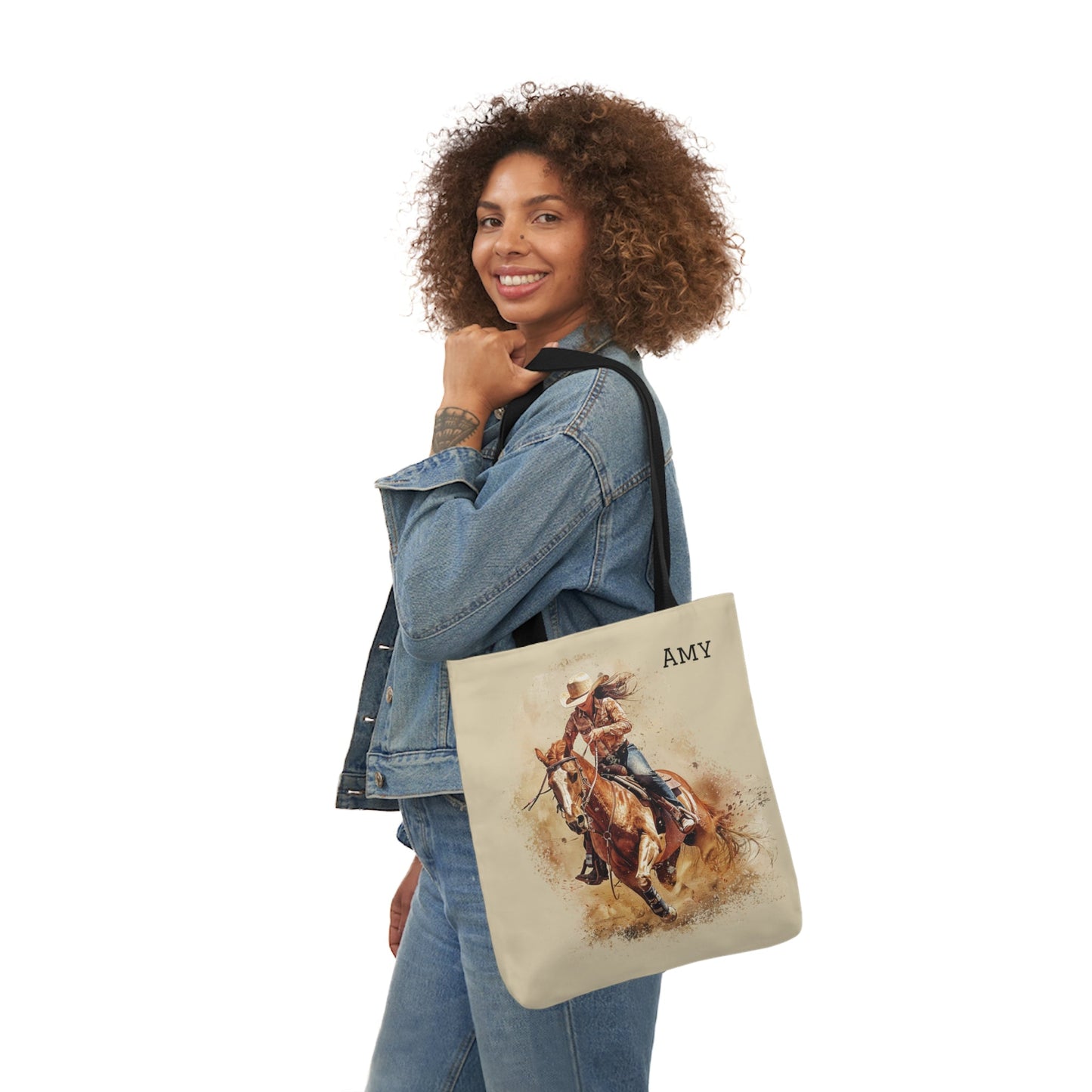 Personalized Cowgirl and Horse Tote Bag, Watercolor Painting of Barrel Racer on Carry All - FlooredByArt