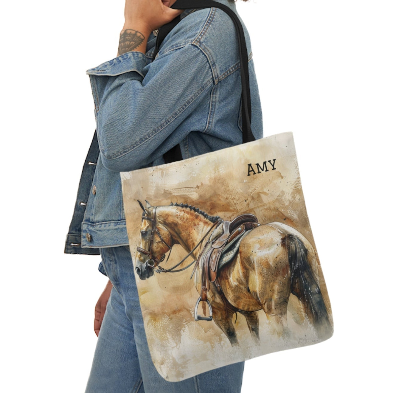 Personalized English Horse Tote Bag, Beautiful Watercolor Horse Art on a Carry All Tote Bag - FlooredByArt