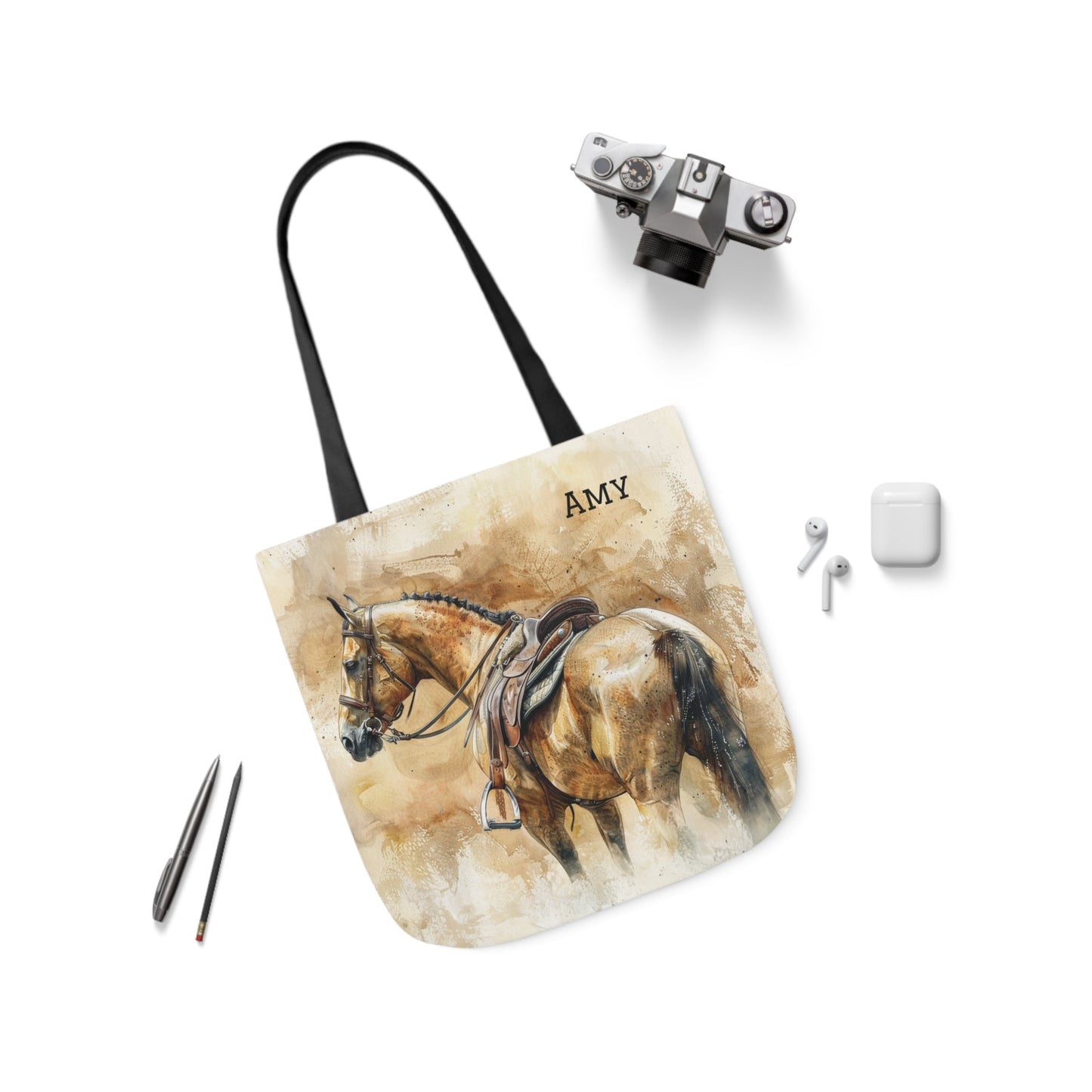 Personalized English Horse Tote Bag, Beautiful Watercolor Horse Art on a Carry All Tote Bag - FlooredByArt