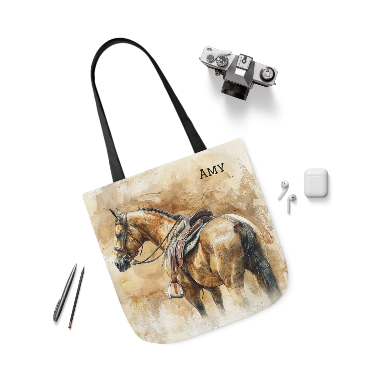 Personalized English Horse Tote Bag, Beautiful Watercolor Horse Art on a Carry All Tote Bag - FlooredByArt