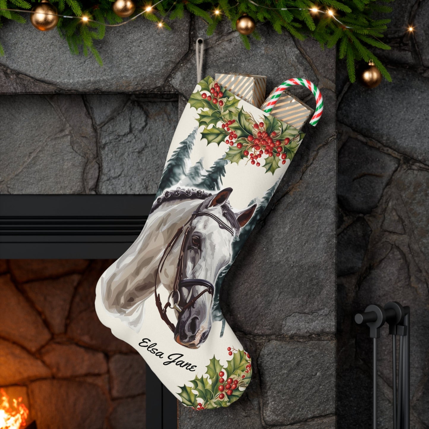 Personalized Gray Horse Christmas Stocking, Early Family Gift for Horse Lover - FlooredByArt