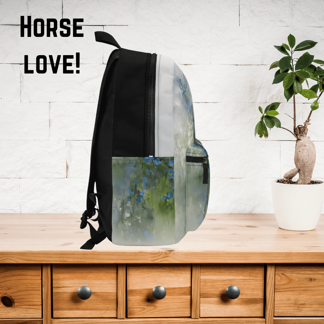 Personalized Gray Mare Backpack - Watercolor Art Horse & Blue Wildflowers, Equestrian Bookbag - FlooredByArt
