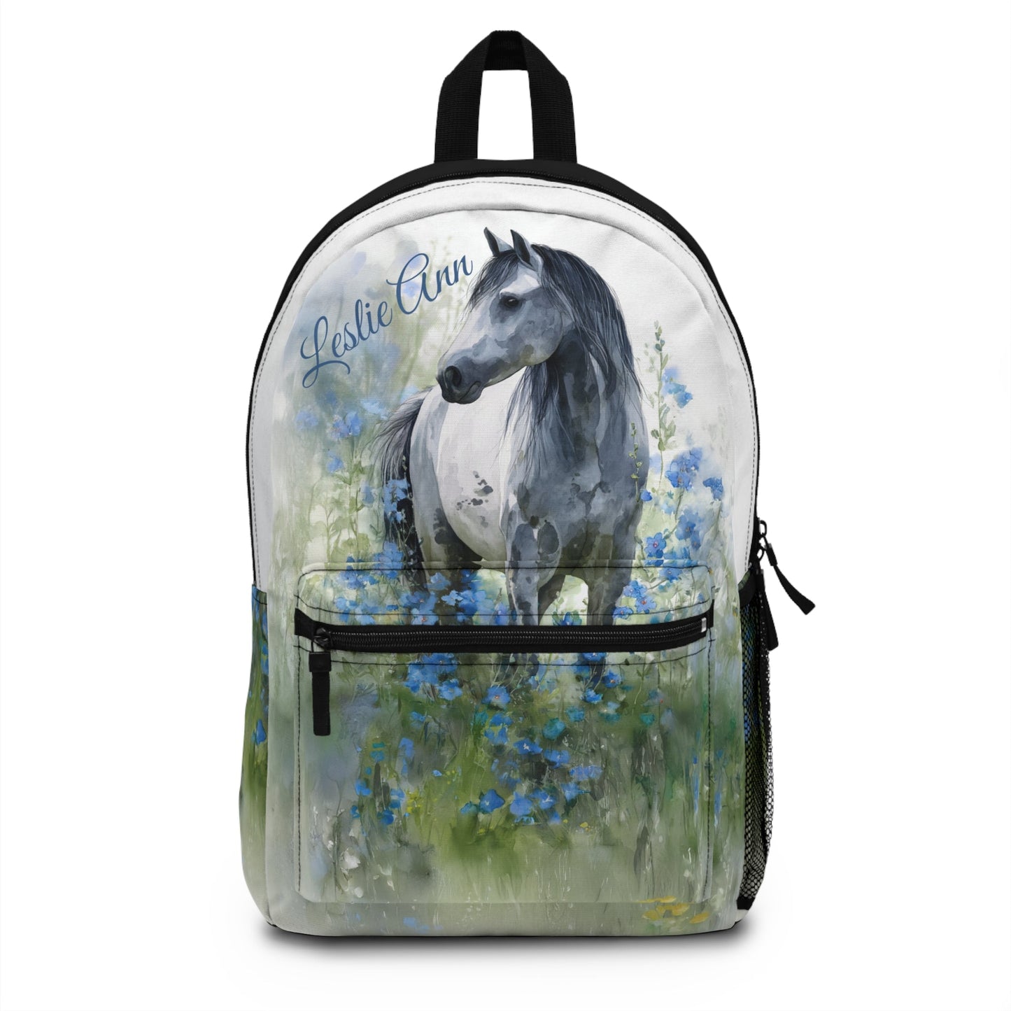 Personalized Gray Mare Backpack - Watercolor Art Horse & Blue Wildflowers, Equestrian Bookbag - FlooredByArt