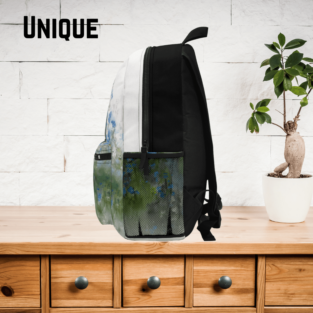 Personalized Gray Mare Backpack - Watercolor Art Horse & Blue Wildflowers, Equestrian Bookbag - FlooredByArt