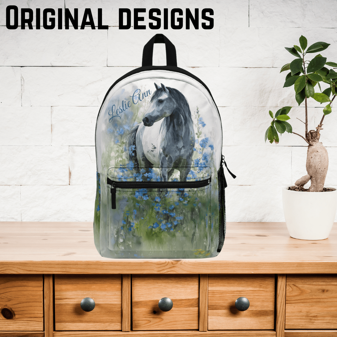 Personalized Gray Mare Backpack - Watercolor Art Horse & Blue Wildflowers, Equestrian Bookbag - FlooredByArt