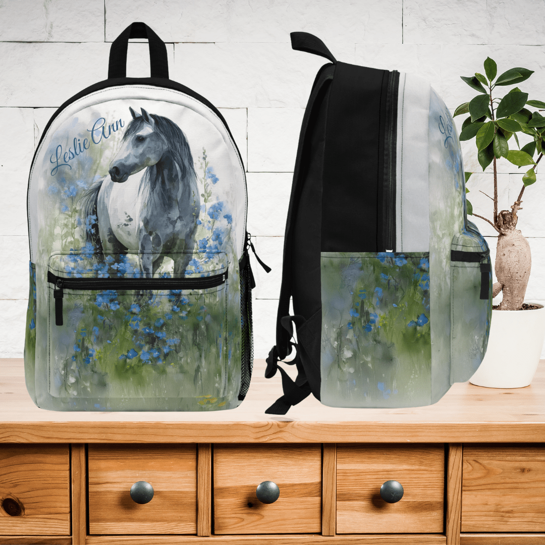 Personalized Gray Mare Backpack - Watercolor Art Horse & Blue Wildflowers, Equestrian Bookbag - FlooredByArt