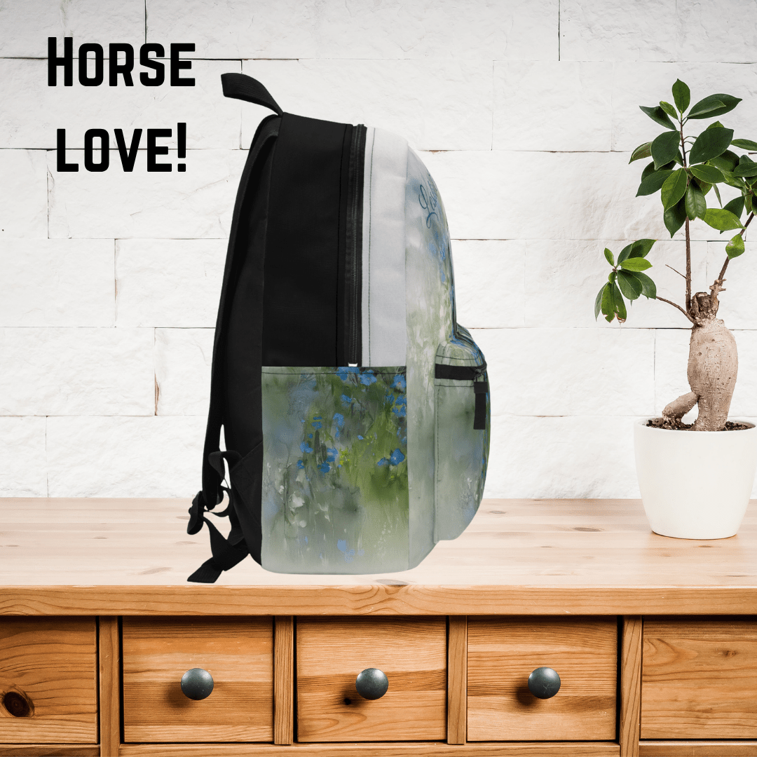 Personalized Gray Mare Backpack - Watercolor Art Horse & Blue Wildflowers, Equestrian Bookbag - FlooredByArt