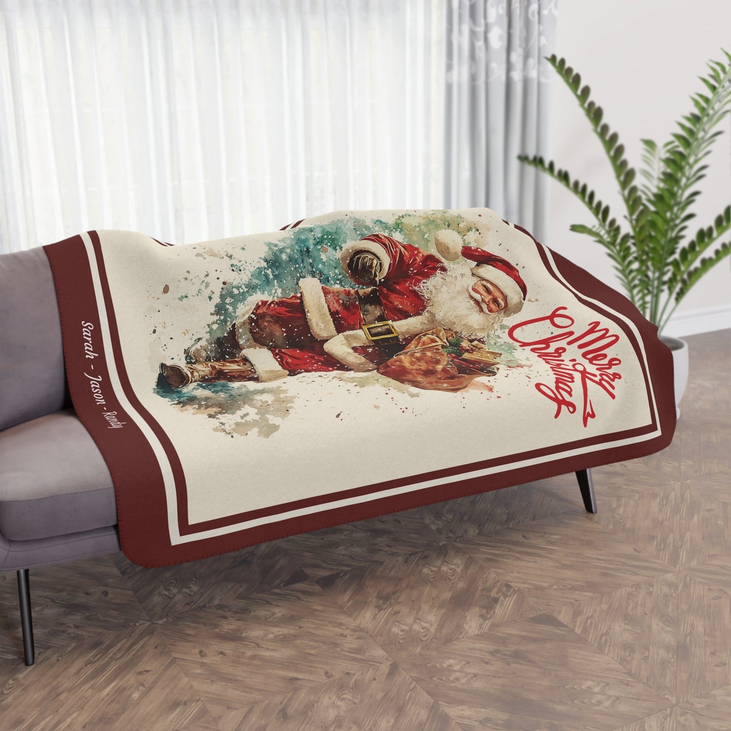 Personalized Santa Claus Throw Blanket, Retro Santa Art Gift - FlooredByArt