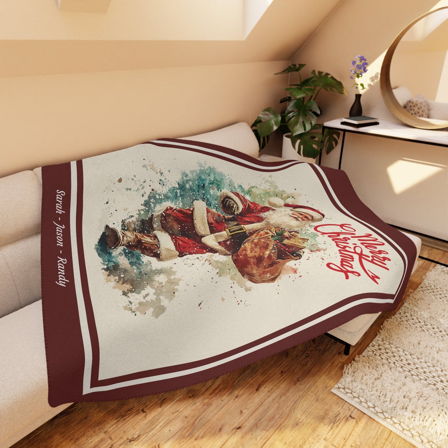 Personalized Santa Claus Throw Blanket, Retro Santa Art Gift - FlooredByArt
