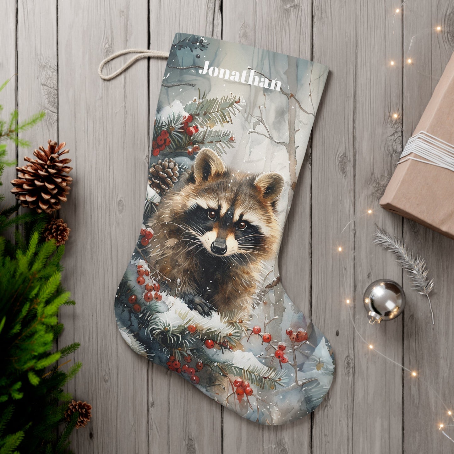 Raccoon Art Wildlife Christmas Stocking - Personalized Rustic Holiday Decor - FlooredByArt