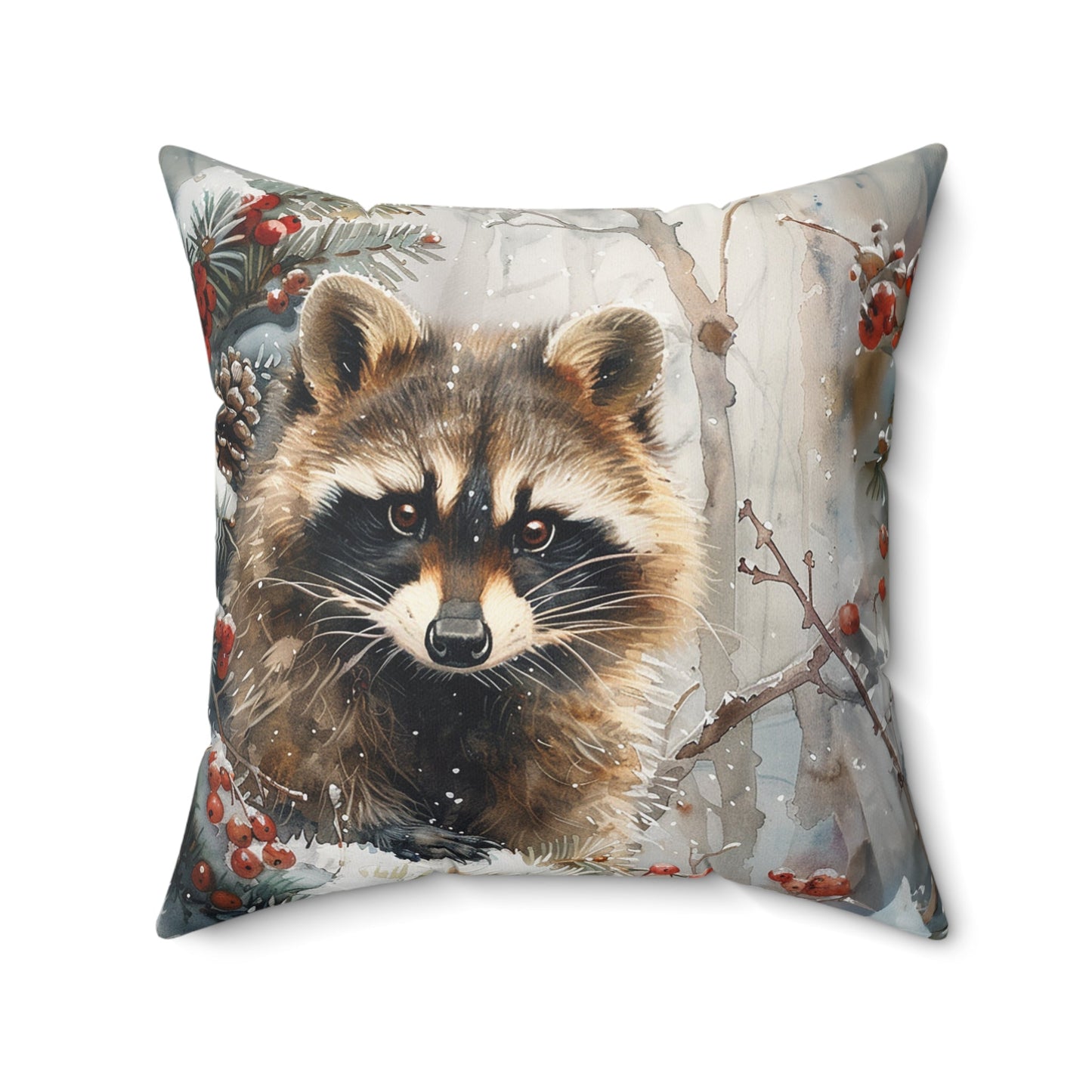 Raccoon Throw Pillow, Woodland Winter Wildlife, Watercolor Art Raccoon Throw Pillow - FlooredByArt