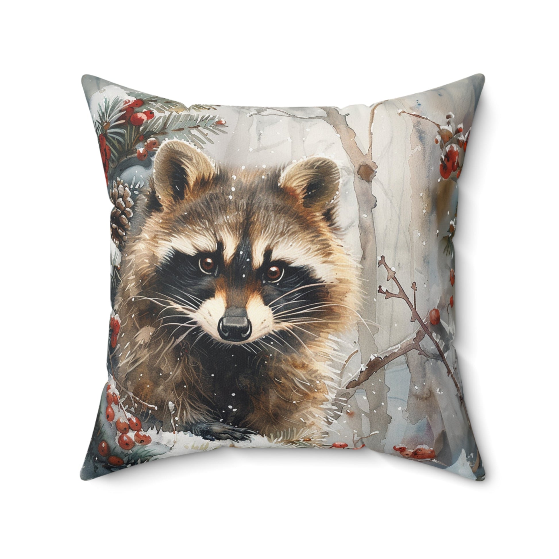 Raccoon Throw Pillow, Woodland Winter Wildlife, Watercolor Art Raccoon Throw Pillow - FlooredByArt