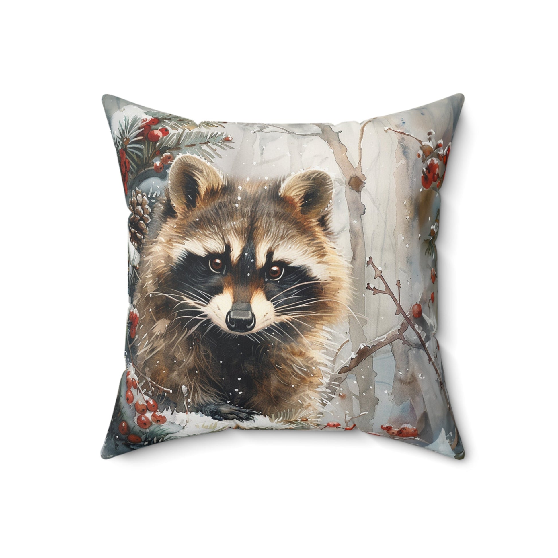 Raccoon Throw Pillow, Woodland Winter Wildlife, Watercolor Art Raccoon Throw Pillow - FlooredByArt