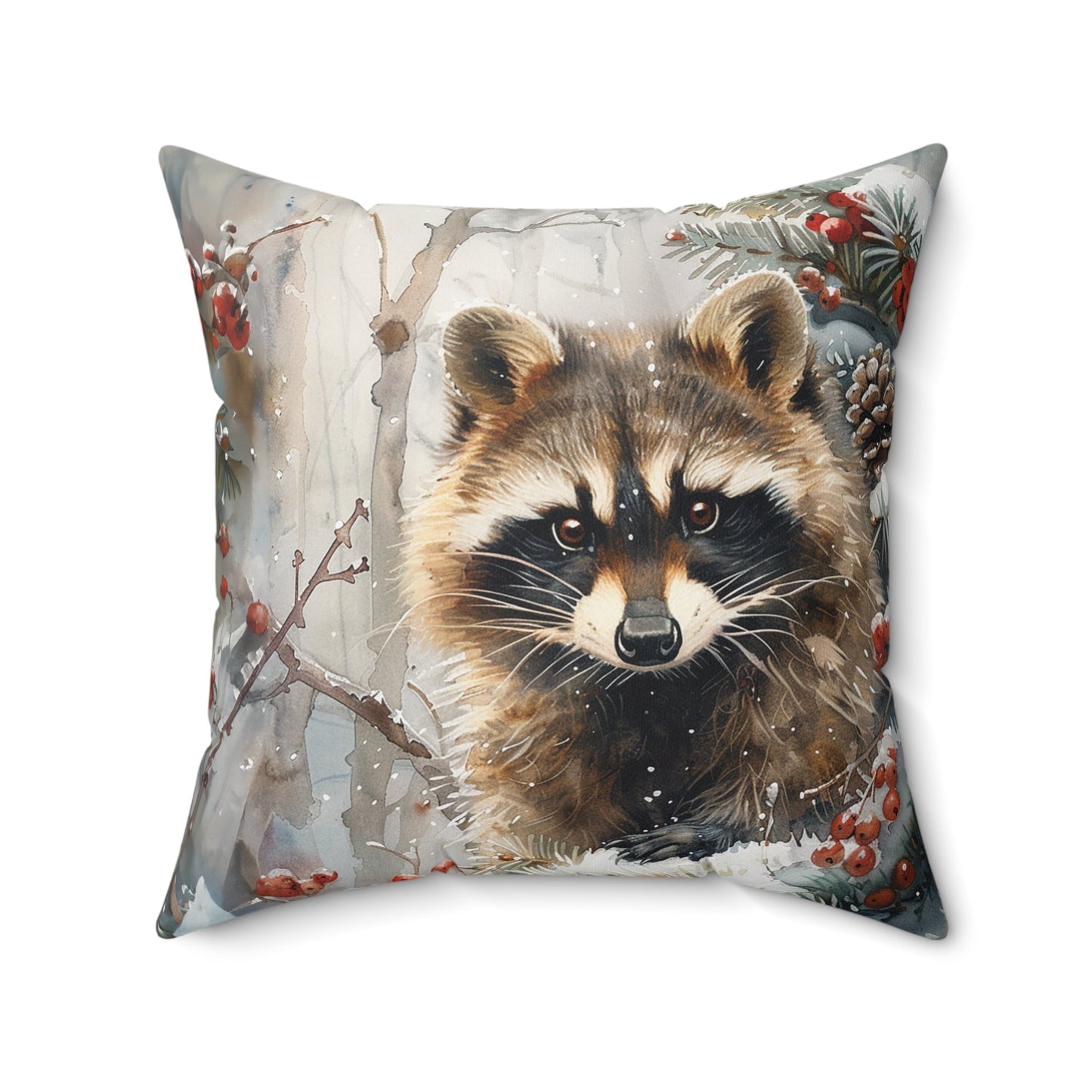 Raccoon Throw Pillow, Woodland Winter Wildlife, Watercolor Art Raccoon Throw Pillow - FlooredByArt
