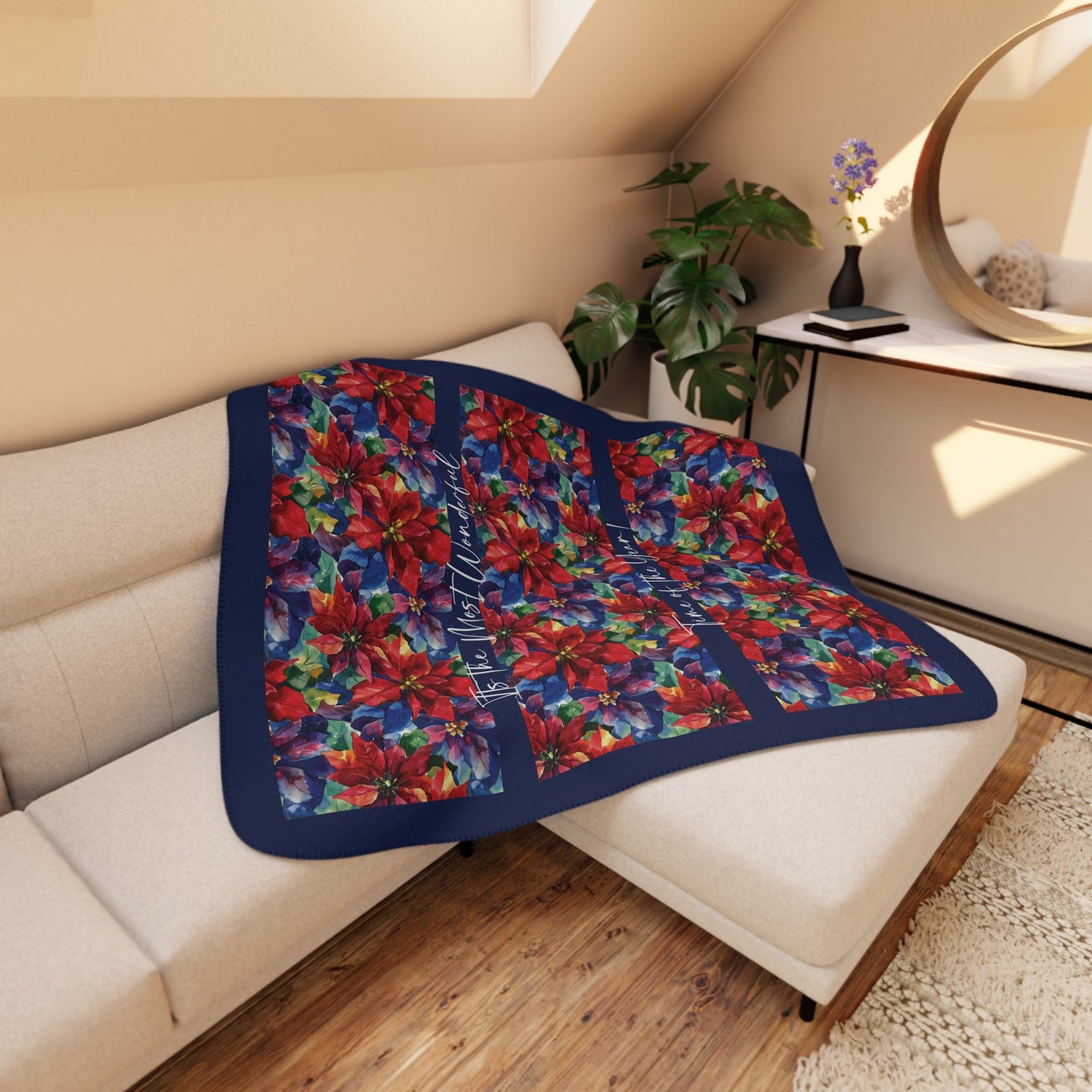 Red Pointsettia Christmas Blanket, The Most Wonderful Time, Holiday Floral Red Throw - FlooredByArt