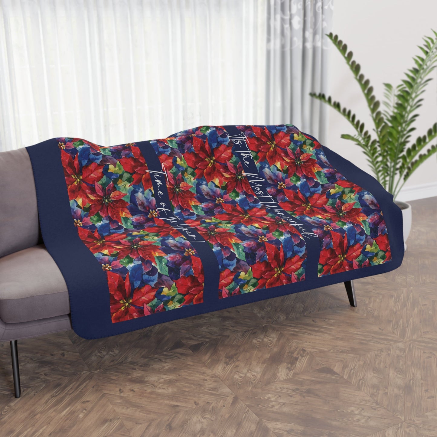 Red Pointsettia Christmas Blanket, The Most Wonderful Time, Holiday Floral Red Throw - FlooredByArt