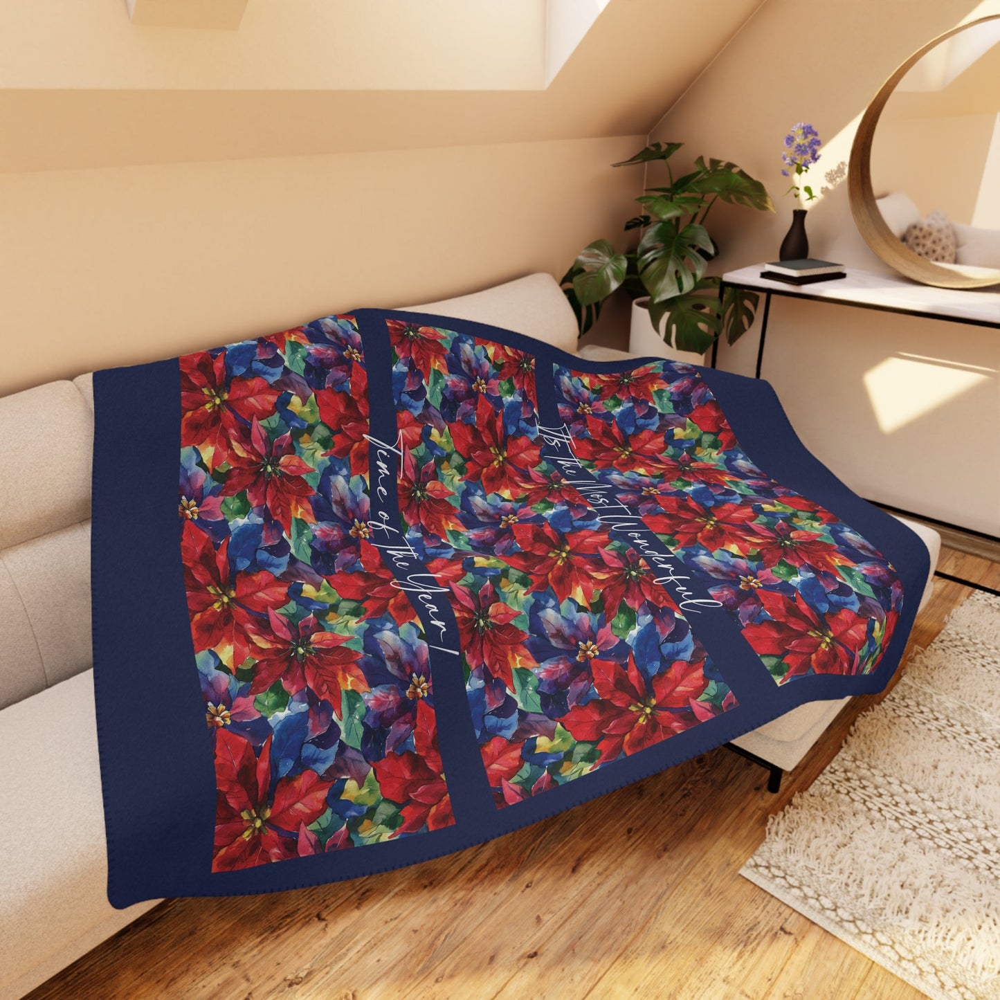 Red Pointsettia Christmas Blanket, The Most Wonderful Time, Holiday Floral Red Throw - FlooredByArt
