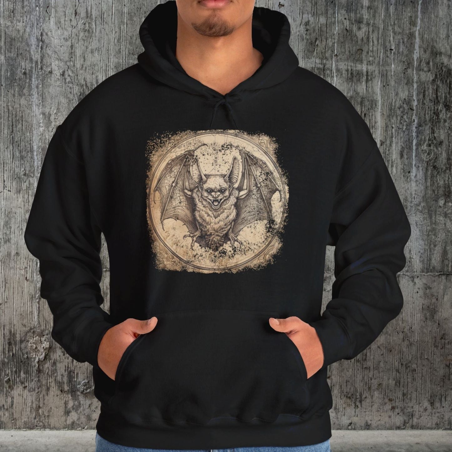 Retro Bat Hoodie Sweatshirt, Halloween Or Everyday Cool Bat Shirt, Spooky Bat Lover, Retro Look Bat Drawing, Caving Enthusiast, Unique Gift - FlooredByArt
