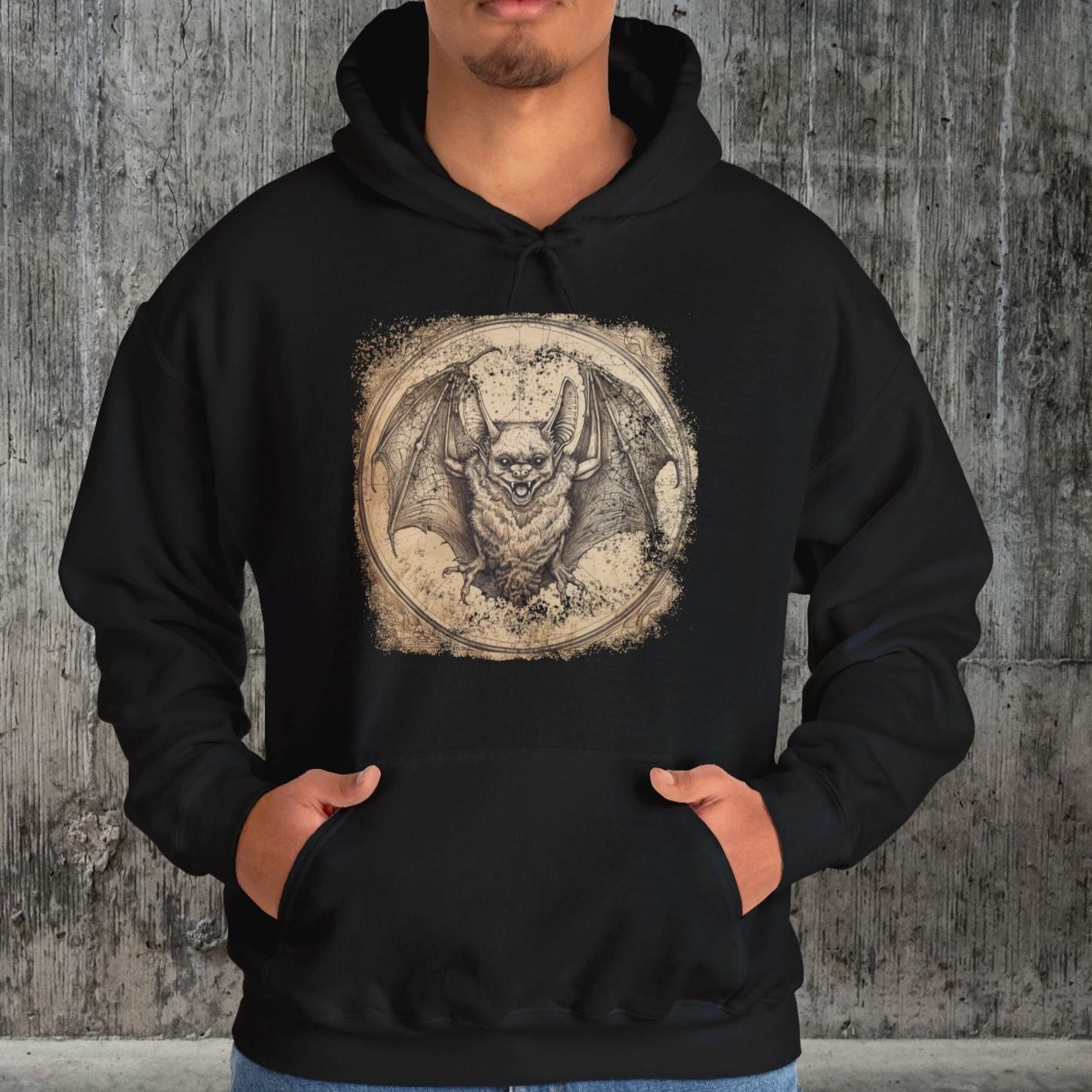 Retro Bat Hoodie Sweatshirt, Halloween Or Everyday Cool Bat Shirt, Spooky Bat Lover, Retro Look Bat Drawing, Caving Enthusiast, Unique Gift - FlooredByArt