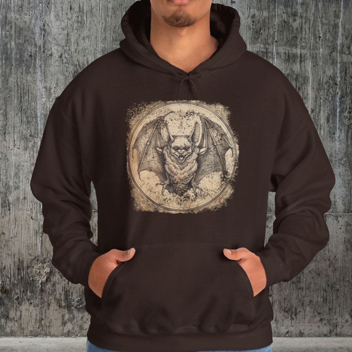 Retro Bat Hoodie Sweatshirt, Halloween Or Everyday Cool Bat Shirt, Spooky Bat Lover, Retro Look Bat Drawing, Caving Enthusiast, Unique Gift - FlooredByArt
