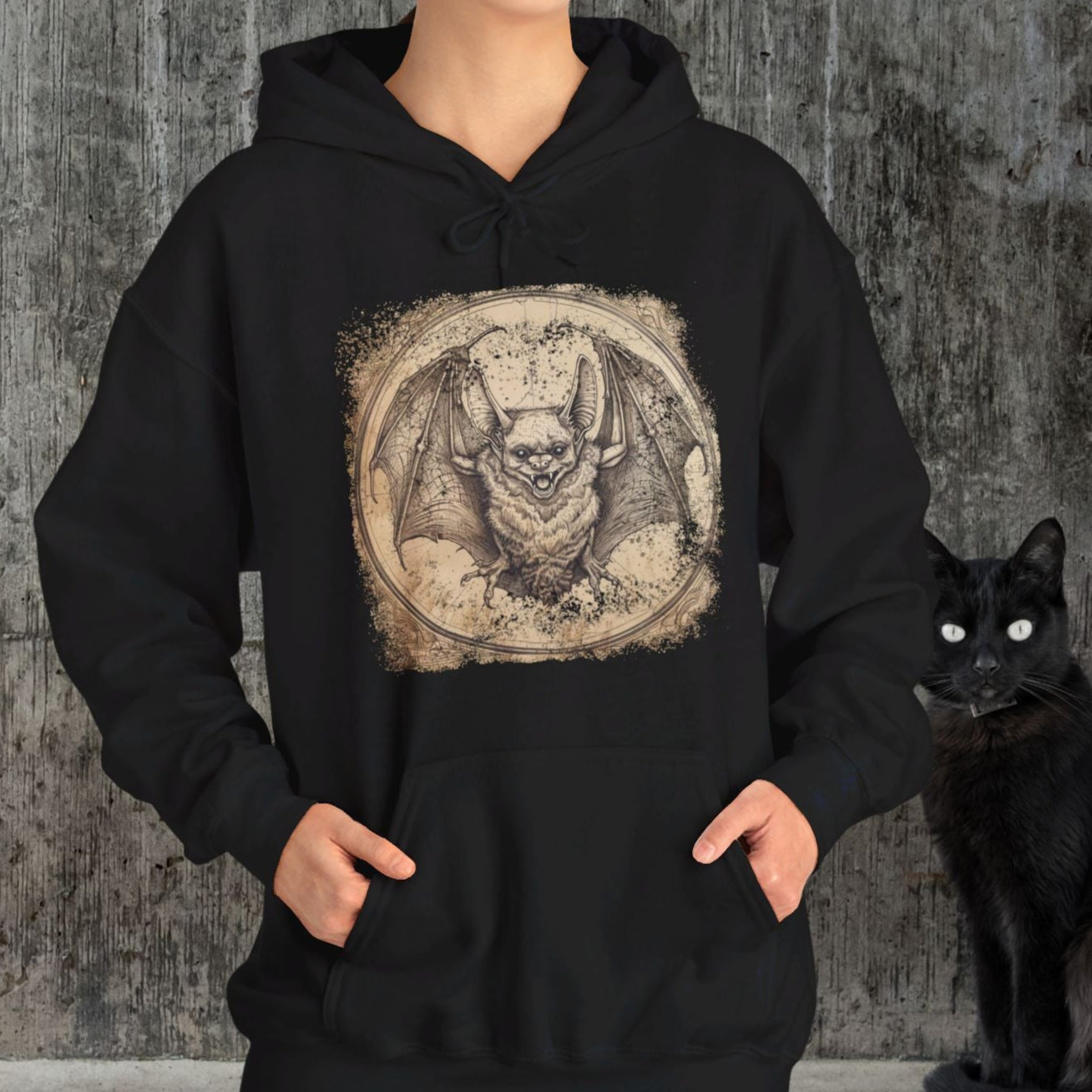 Retro Bat Hoodie Sweatshirt, Halloween Or Everyday Cool Bat Shirt, Spooky Bat Lover, Retro Look Bat Drawing, Caving Enthusiast, Unique Gift - FlooredByArt