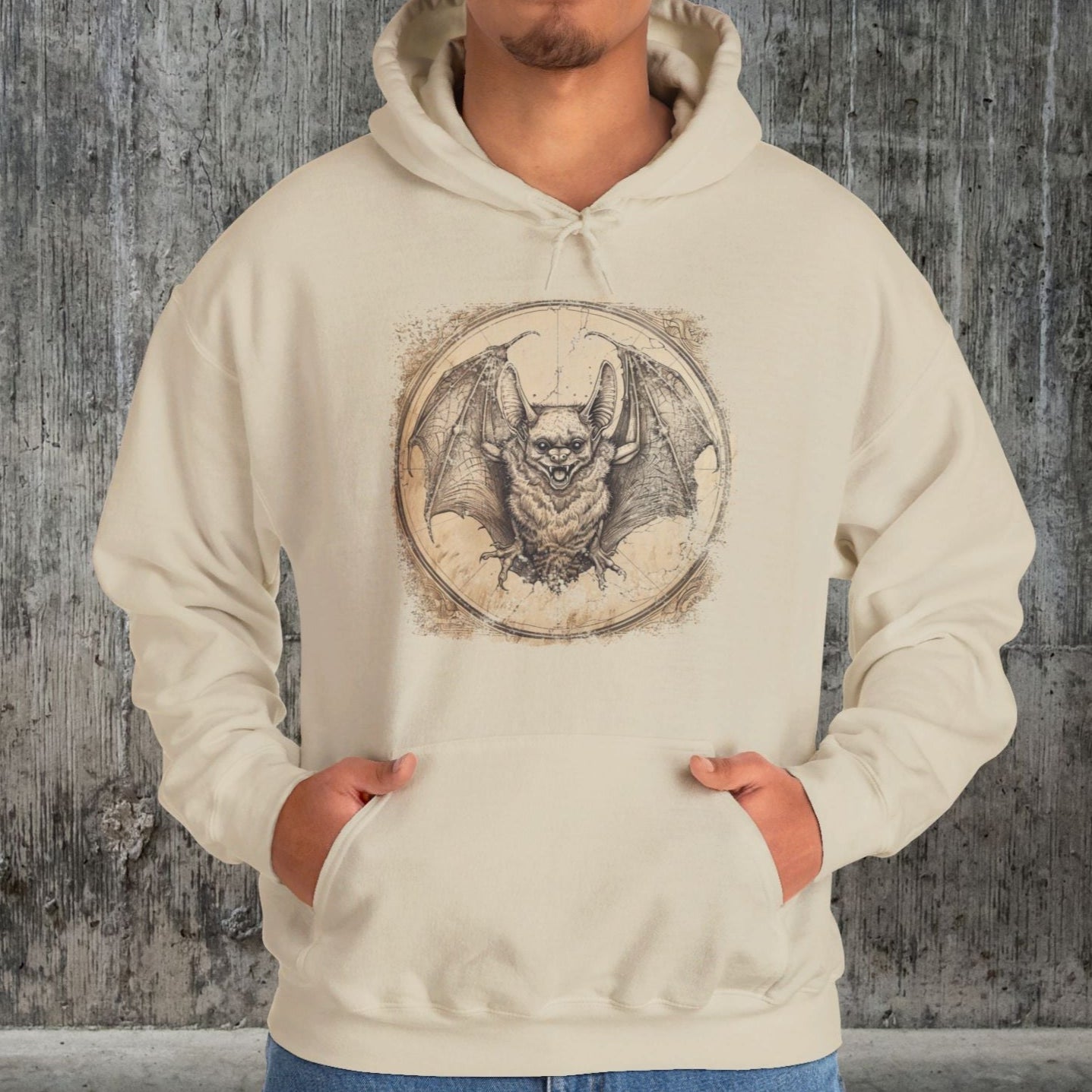 Retro Bat Hoodie Sweatshirt, Halloween Or Everyday Cool Bat Shirt, Spooky Bat Lover, Retro Look Bat Drawing, Caving Enthusiast, Unique Gift - FlooredByArt