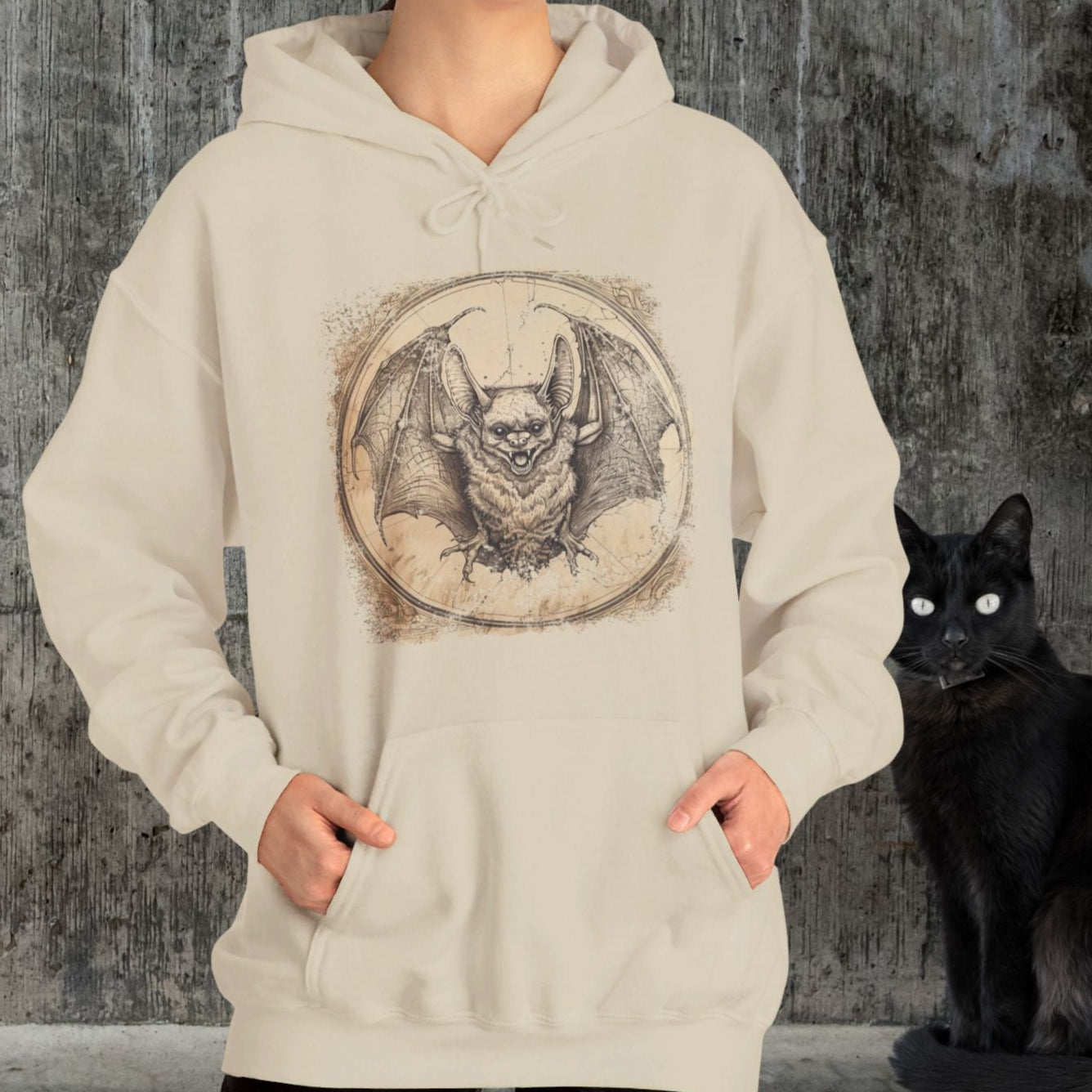 Retro Bat Hoodie Sweatshirt, Halloween Or Everyday Cool Bat Shirt, Spooky Bat Lover, Retro Look Bat Drawing, Caving Enthusiast, Unique Gift - FlooredByArt