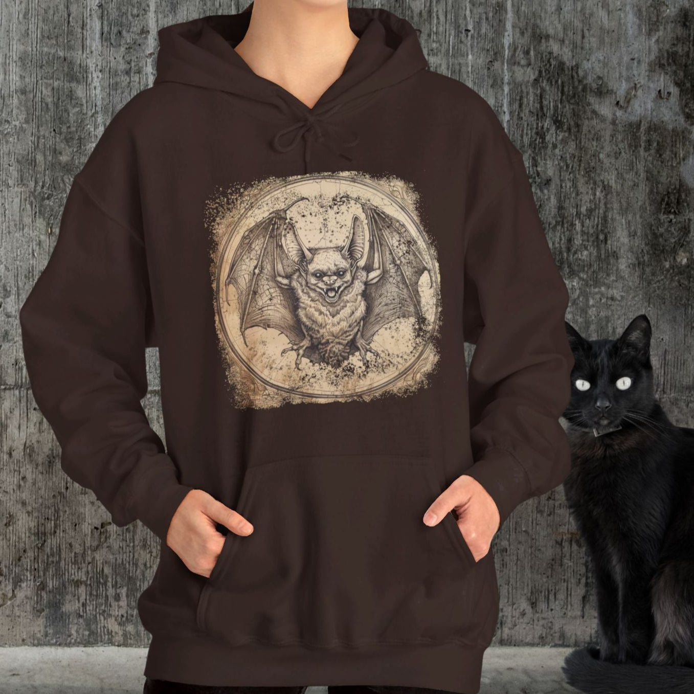 Retro Bat Hoodie Sweatshirt, Halloween Or Everyday Cool Bat Shirt, Spooky Bat Lover, Retro Look Bat Drawing, Caving Enthusiast, Unique Gift - FlooredByArt
