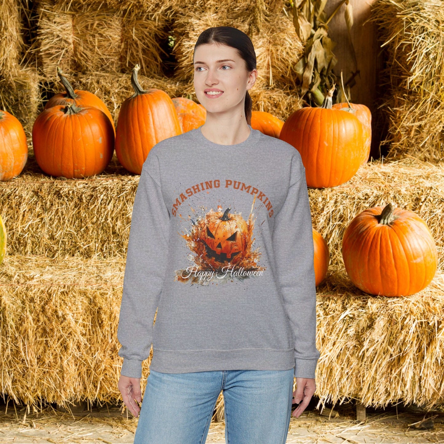 Retro Halloween Pumpkin Sweatshirt, FUN Smashing Pumpkin, Jack o Latern Halloween Sweater - FlooredByArt
