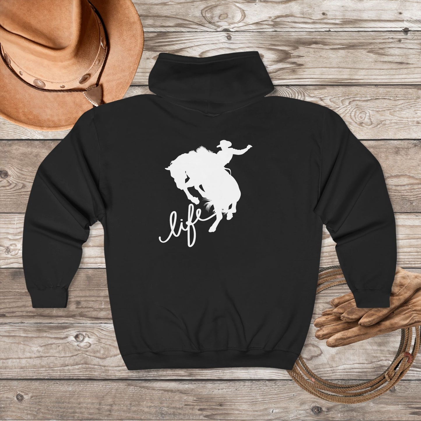 Rodeo Bronc Rider Full - Zip Hoodie – Cowboy Life Sweatshirt, Rough Stock Horse Trainer Jacket, Western Gift for Rodeo Lovers - FlooredByArt