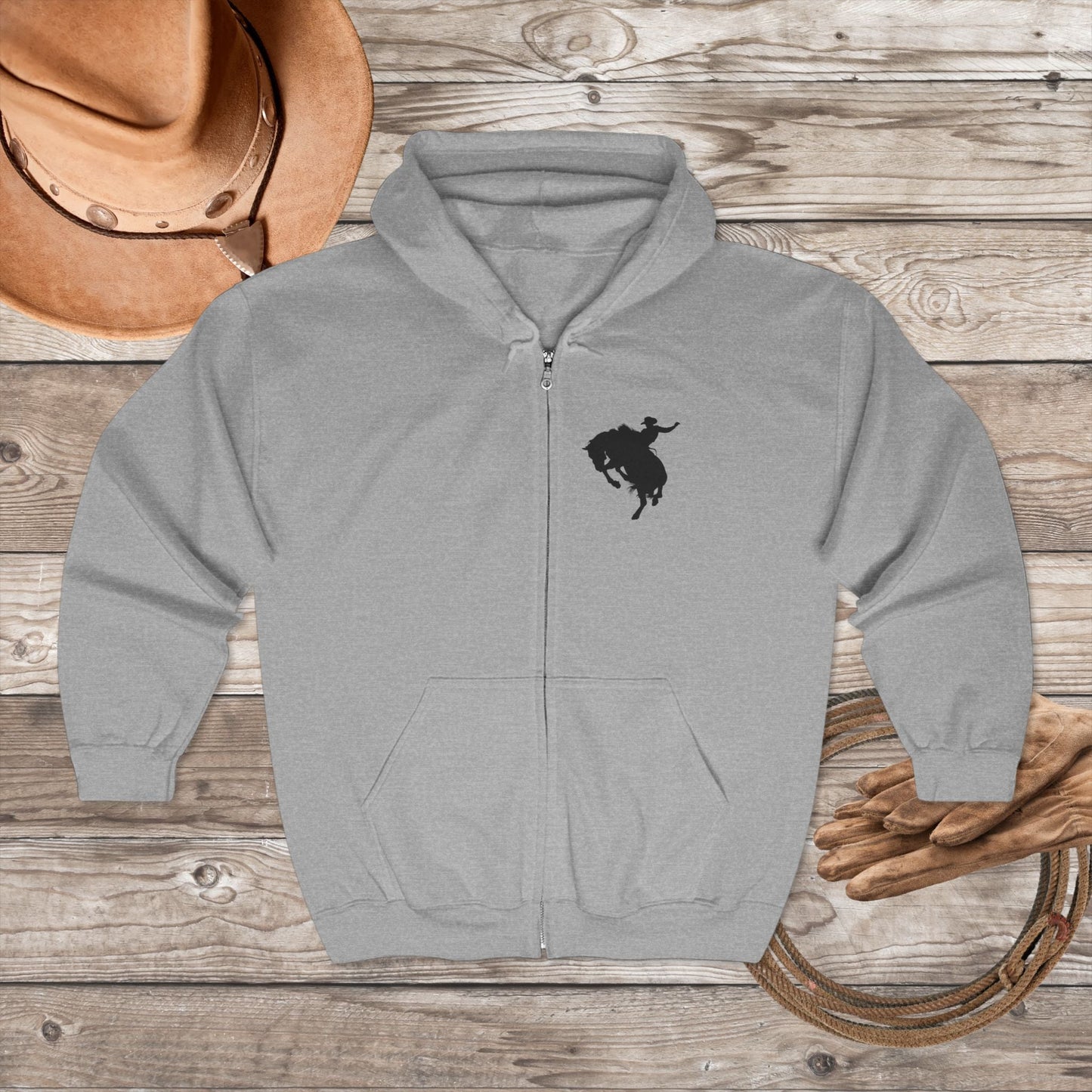 Rodeo Bronc Rider Full - Zip Hoodie – Cowboy Life Sweatshirt, Rough Stock Horse Trainer Jacket, Western Gift for Rodeo Lovers - FlooredByArt