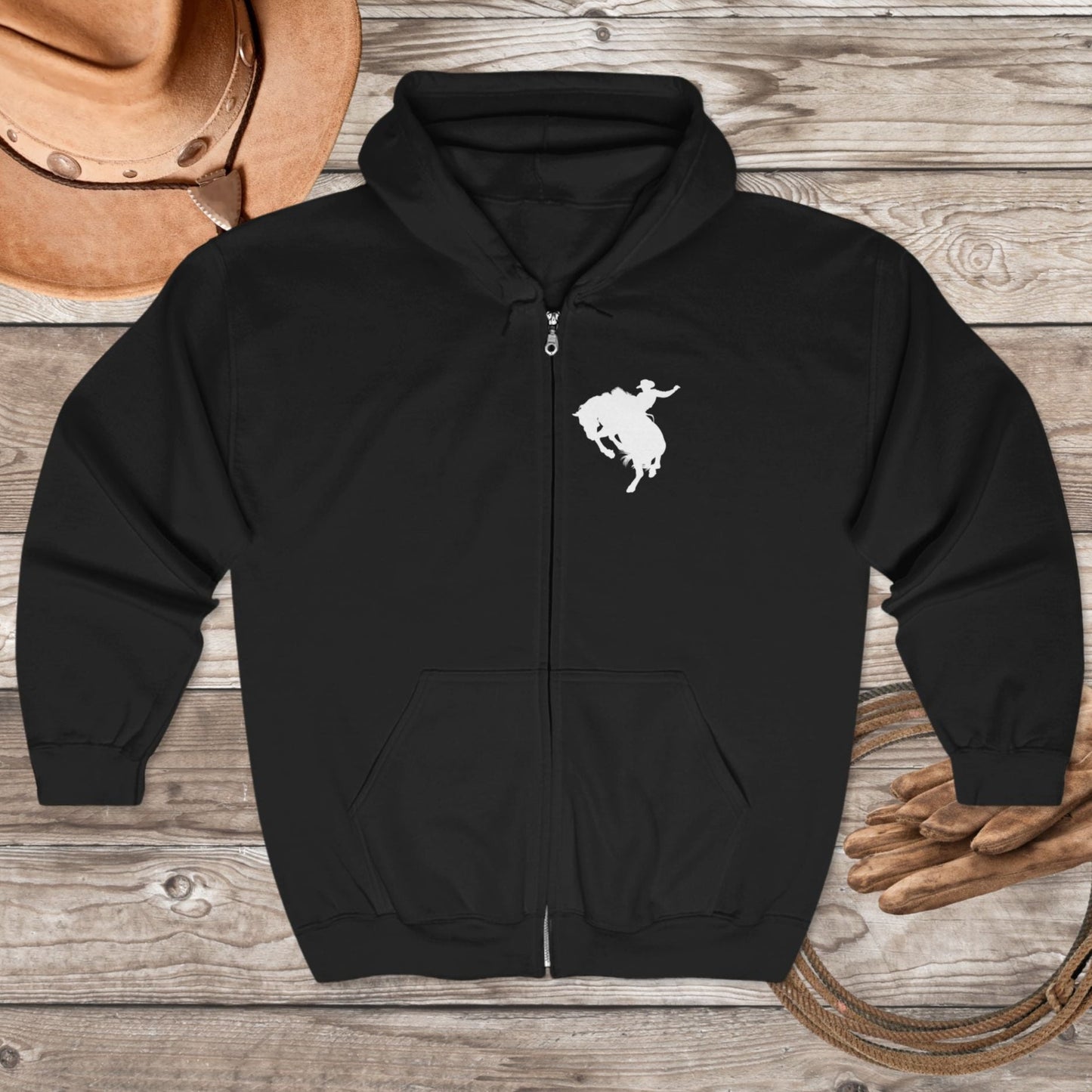 Rodeo Bronc Rider Full - Zip Hoodie – Cowboy Life Sweatshirt, Rough Stock Horse Trainer Jacket, Western Gift for Rodeo Lovers - FlooredByArt