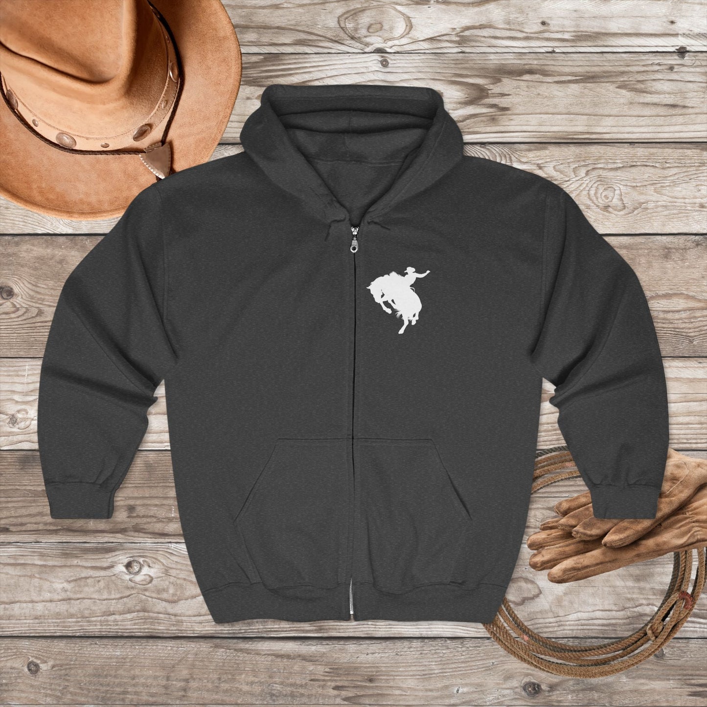 Rodeo Bronc Rider Full - Zip Hoodie – Cowboy Life Sweatshirt, Rough Stock Horse Trainer Jacket, Western Gift for Rodeo Lovers - FlooredByArt